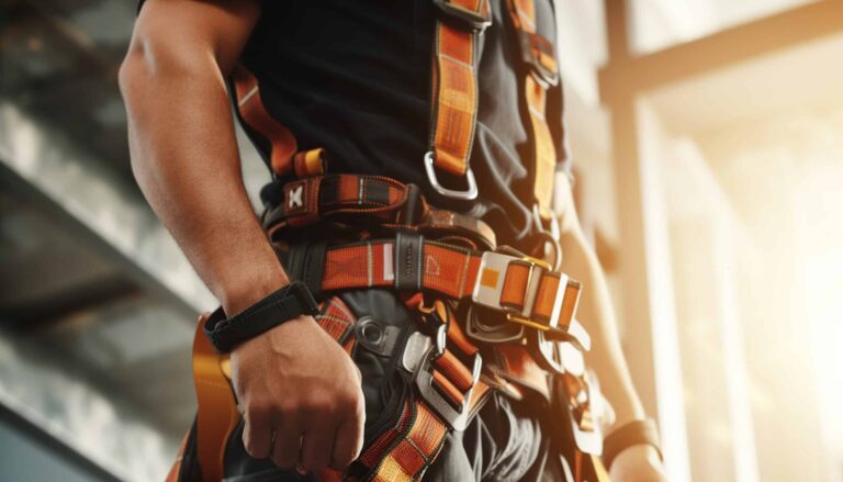 close up Construction worker wearing safety harness at construction site
