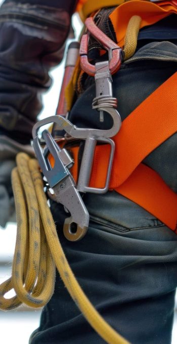 High-altitude safty equipment. Construction worker wearing safety equipments. banner